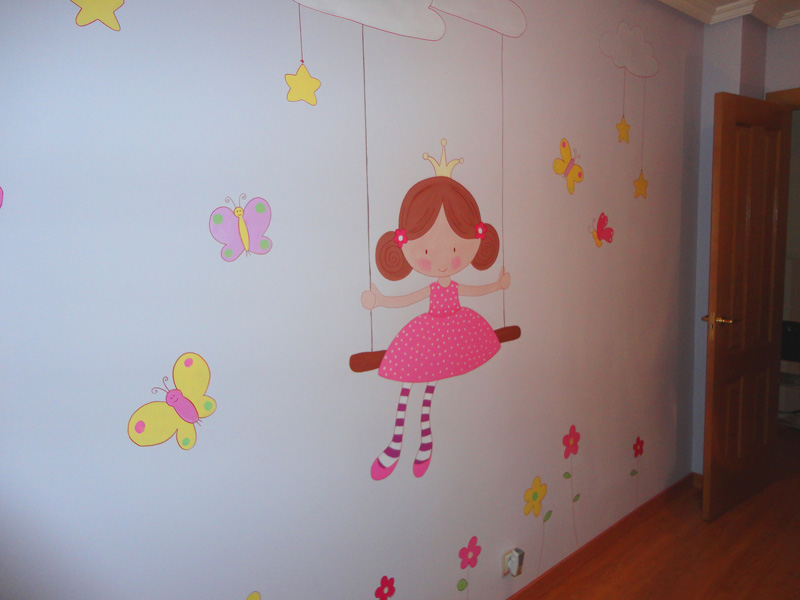 mural infantil niña en columpio mariposas y flores de colores
